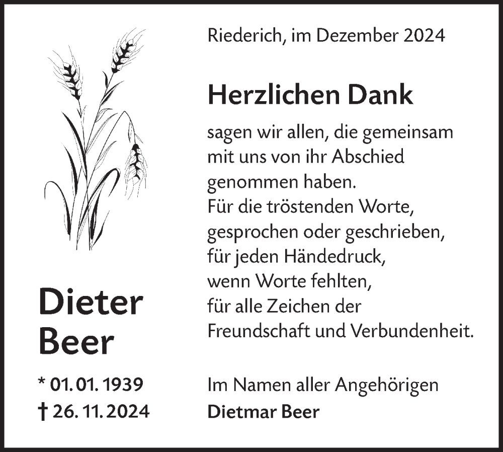 Traueranzeige für Dieter Beer vom 21.12.2024 aus Alb-Bote/Metzinger-Uracher Volksblatt