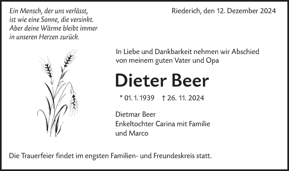  Traueranzeige für Dieter Beer vom 12.12.2024 aus Alb-Bote/Metzinger-Uracher Volksblatt