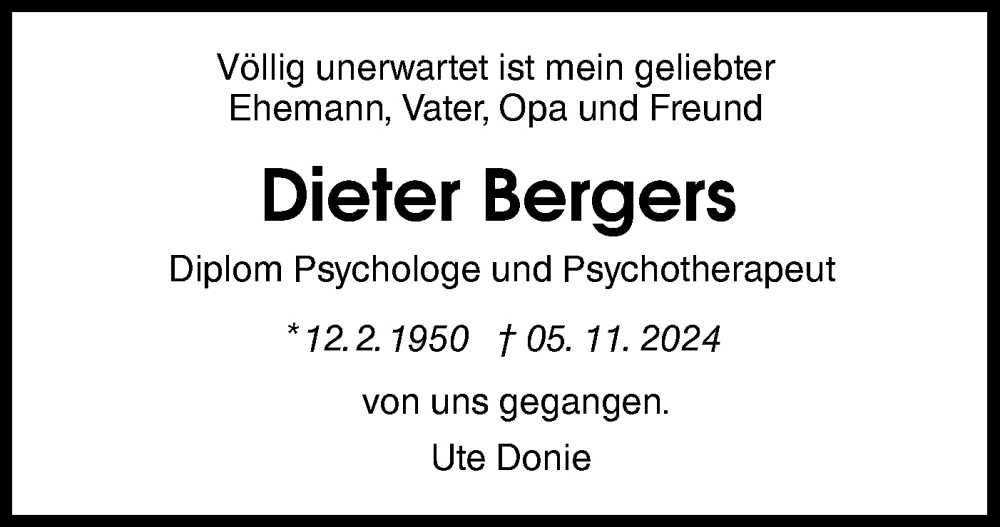  Traueranzeige für Dieter Bergers vom 20.12.2024 aus Schwäbische Tagblatt