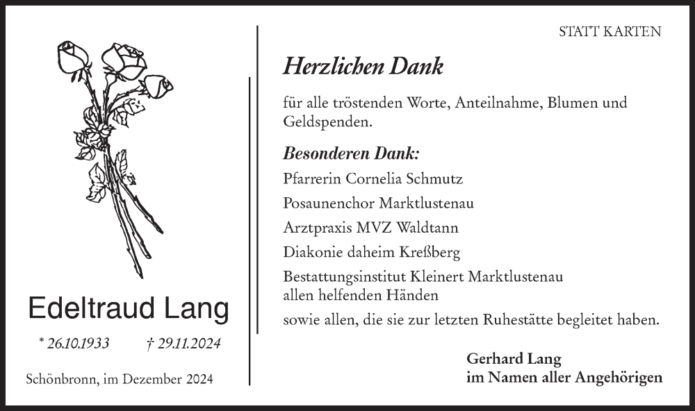  Traueranzeige für Edeltraud Lang vom 21.12.2024 aus Hohenloher Tagblatt