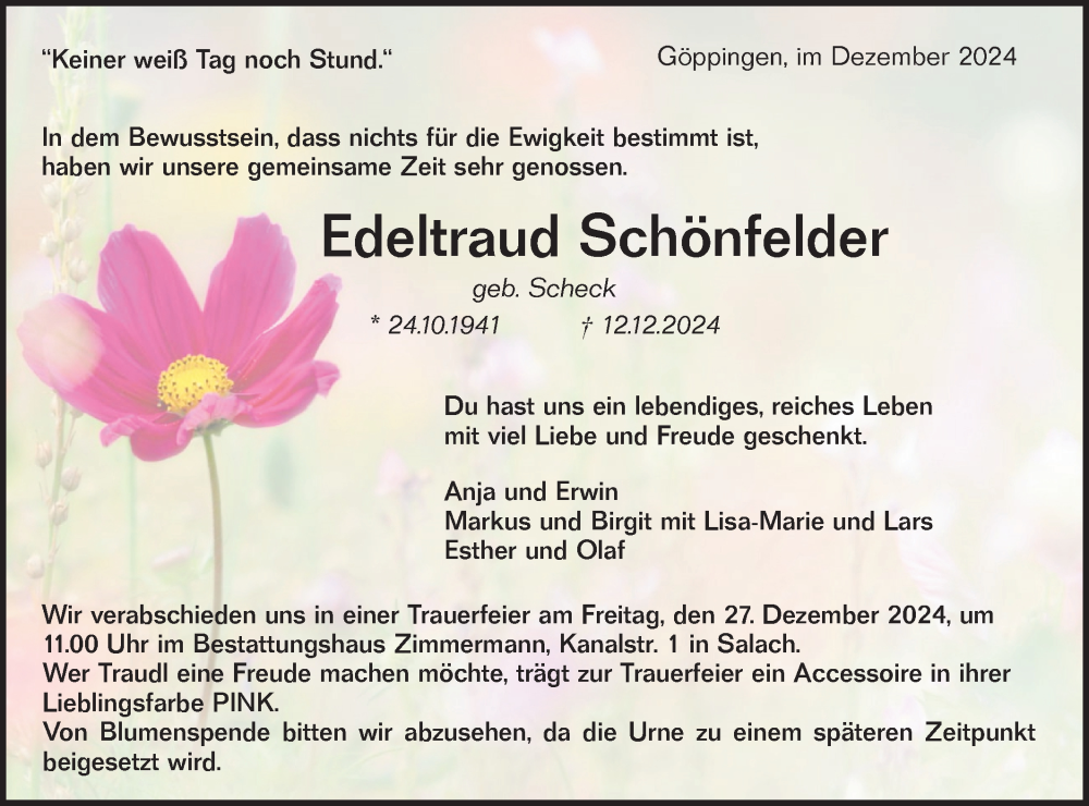  Traueranzeige für Edeltraud Schönfelder vom 21.12.2024 aus NWZ Neue Württembergische Zeitung