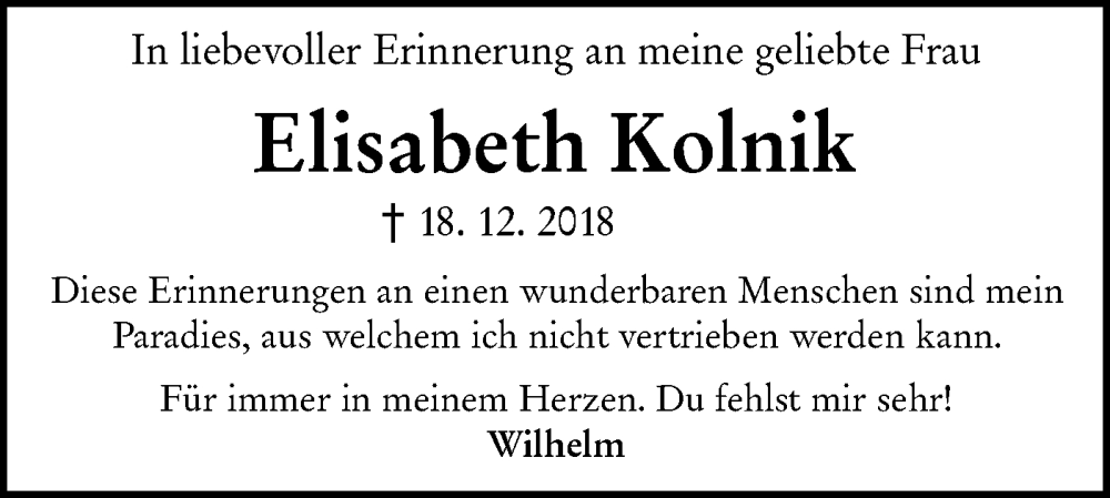 Traueranzeige für Elisabeth Kolnik vom 18.12.2024 aus NWZ Neue Württembergische Zeitung