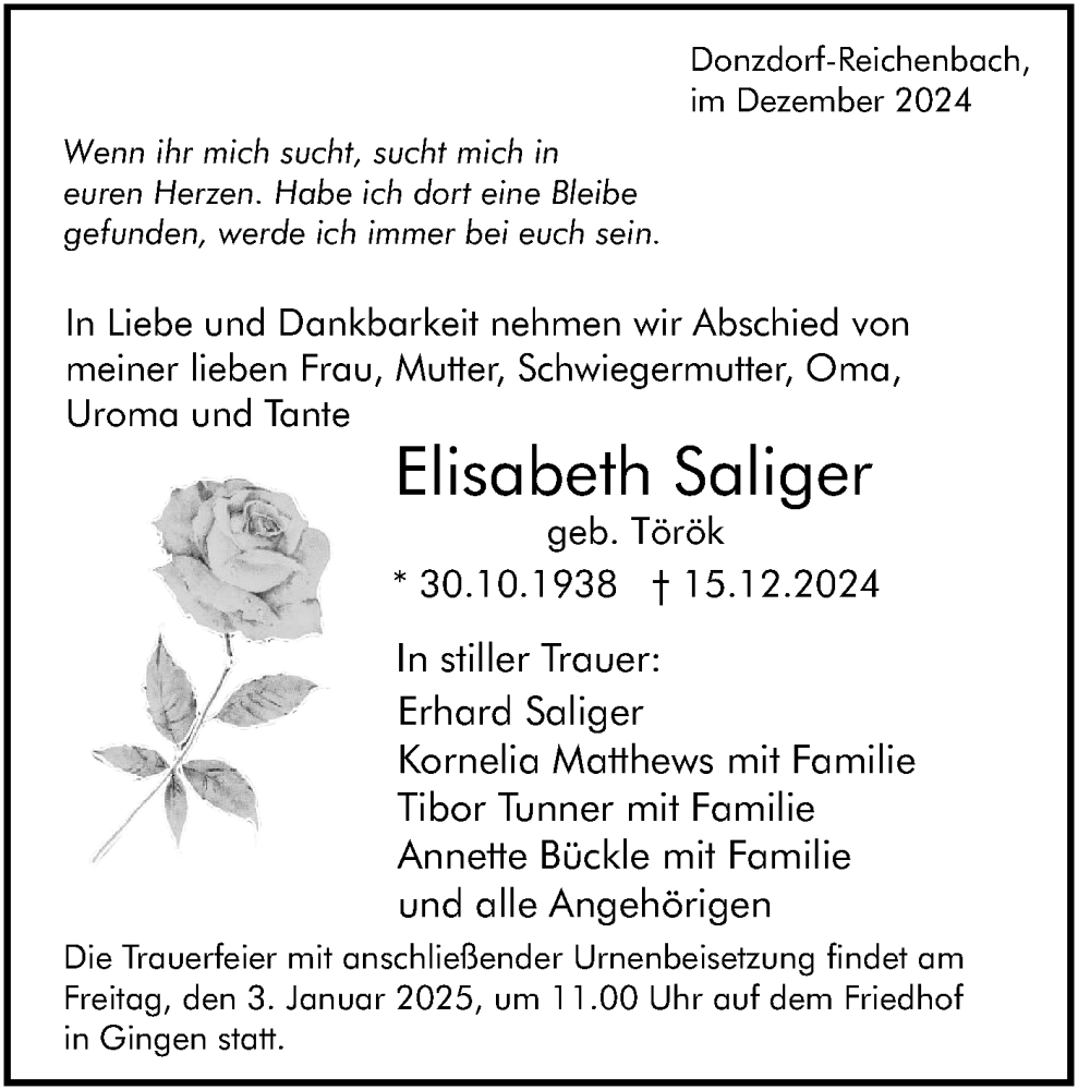  Traueranzeige für Elisabeth Saliger vom 28.12.2024 aus NWZ Neue Württembergische Zeitung