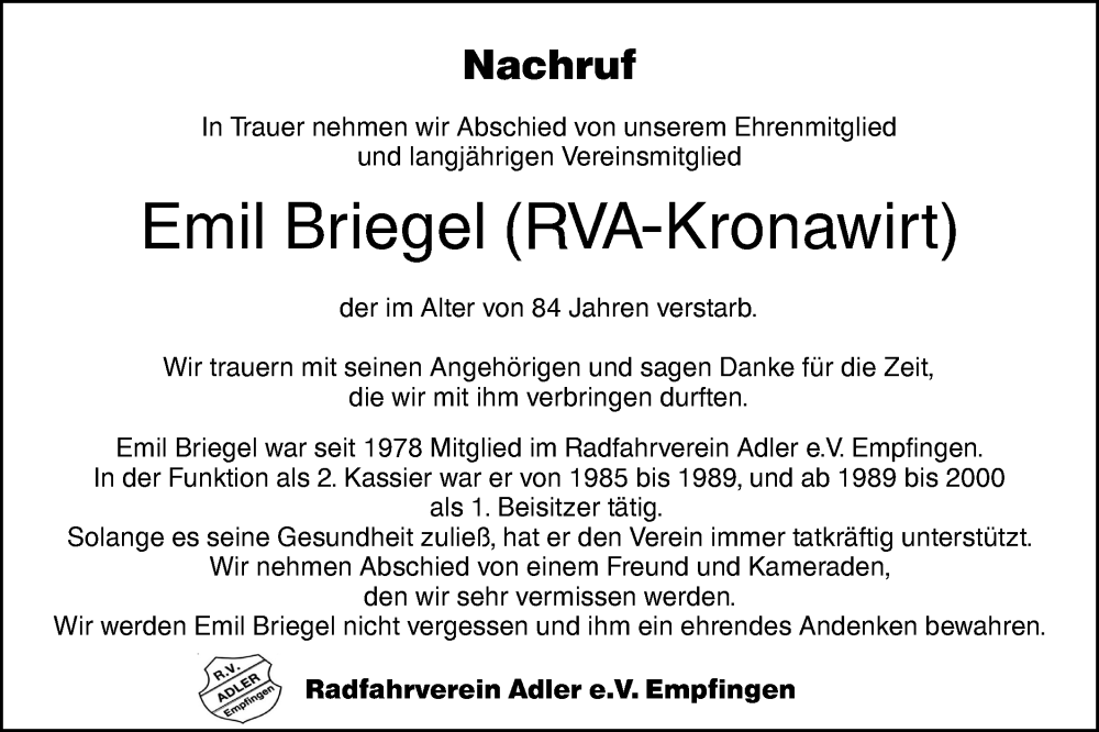  Traueranzeige für Emil Briegel vom 17.12.2024 aus Neckar-Chronik