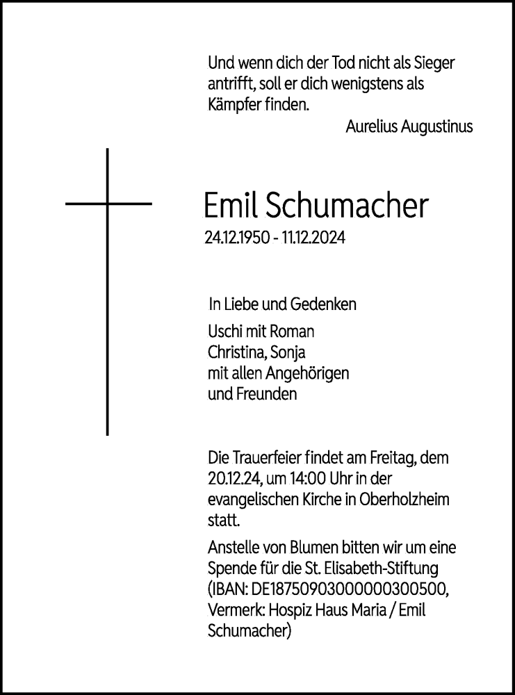  Traueranzeige für Emil Schumacher vom 14.12.2024 aus SÜDWEST PRESSE Ausgabe Ulm/Neu-Ulm