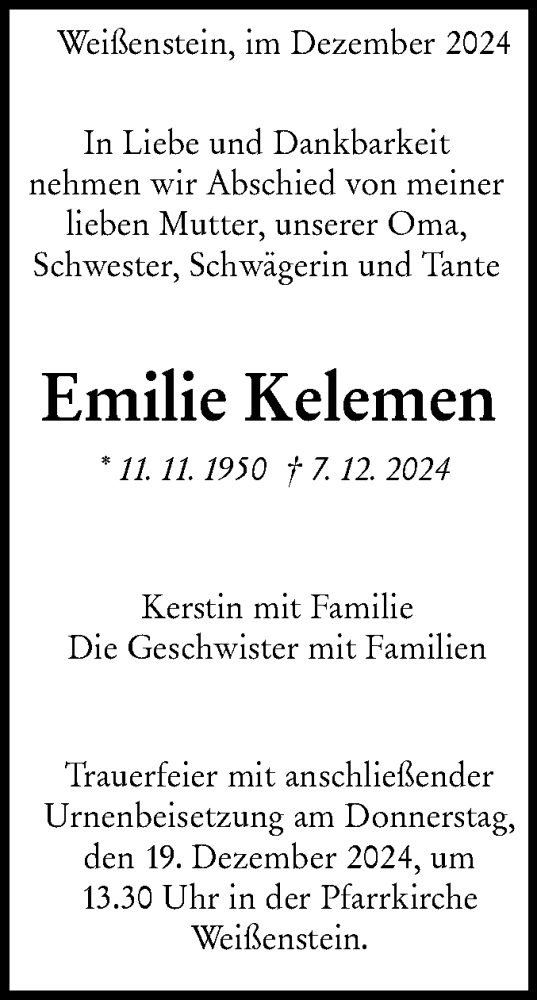  Traueranzeige für Emilie Kelemen vom 13.12.2024 aus NWZ Neue Württembergische Zeitung