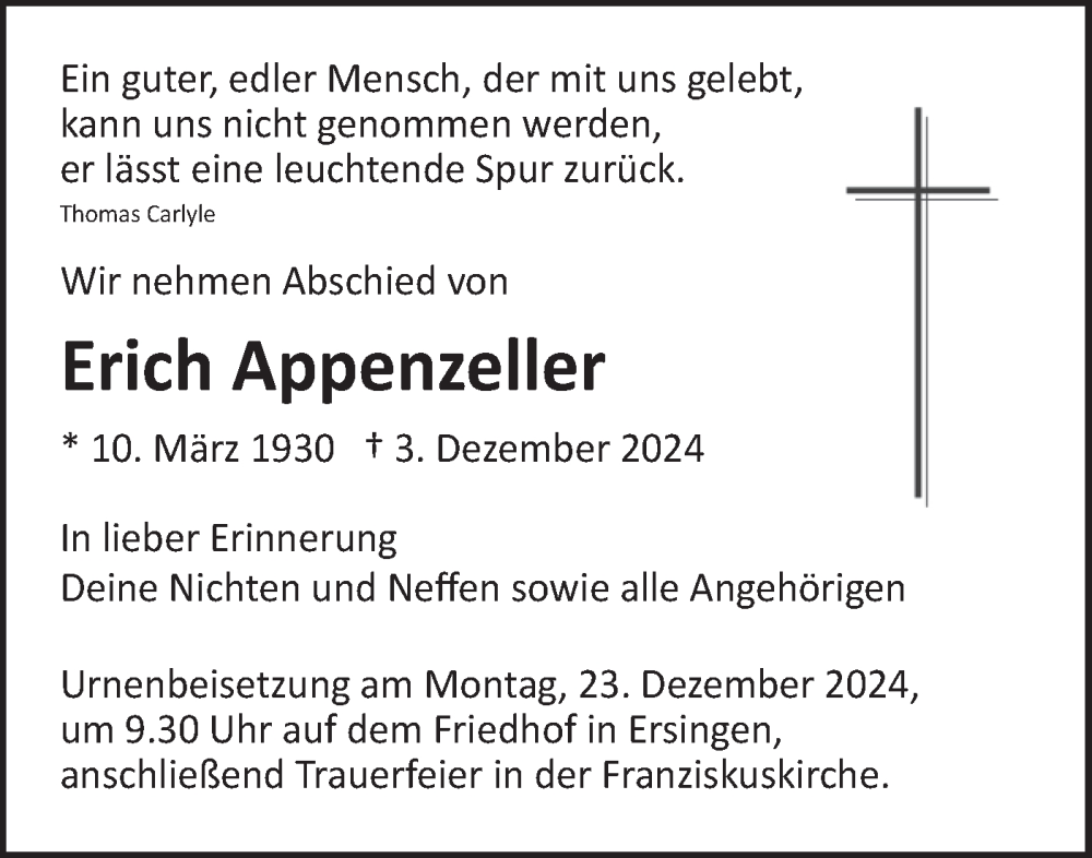  Traueranzeige für Erich Appenzeller vom 18.12.2024 aus Ehinger Tagblatt