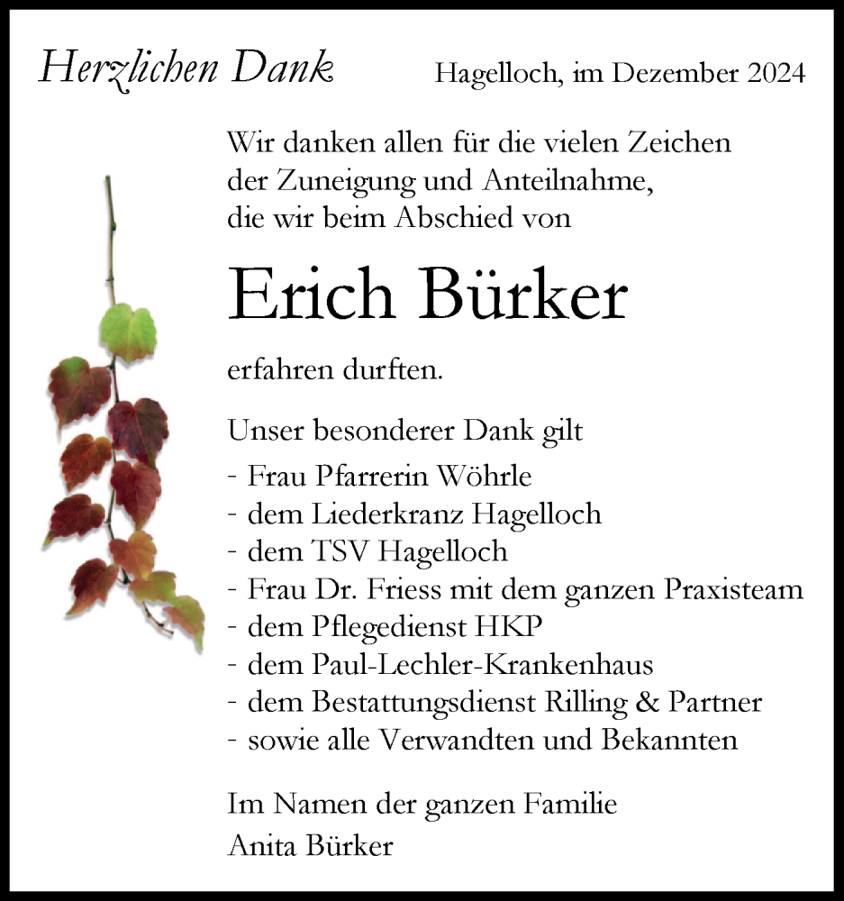  Traueranzeige für Erich Bürker vom 18.12.2024 aus Schwäbische Tagblatt