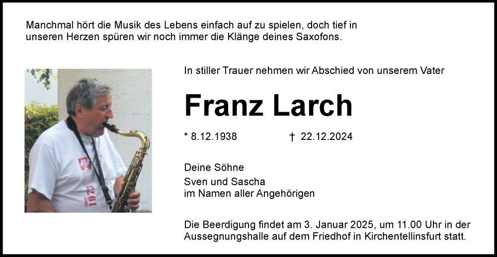  Traueranzeige für Franz Larch vom 28.12.2024 aus Schwäbische Tagblatt
