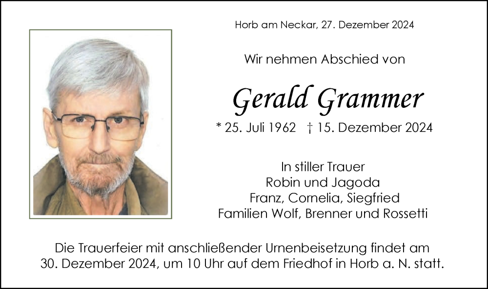  Traueranzeige für Gerald Grammer vom 27.12.2024 aus Neckar-Chronik