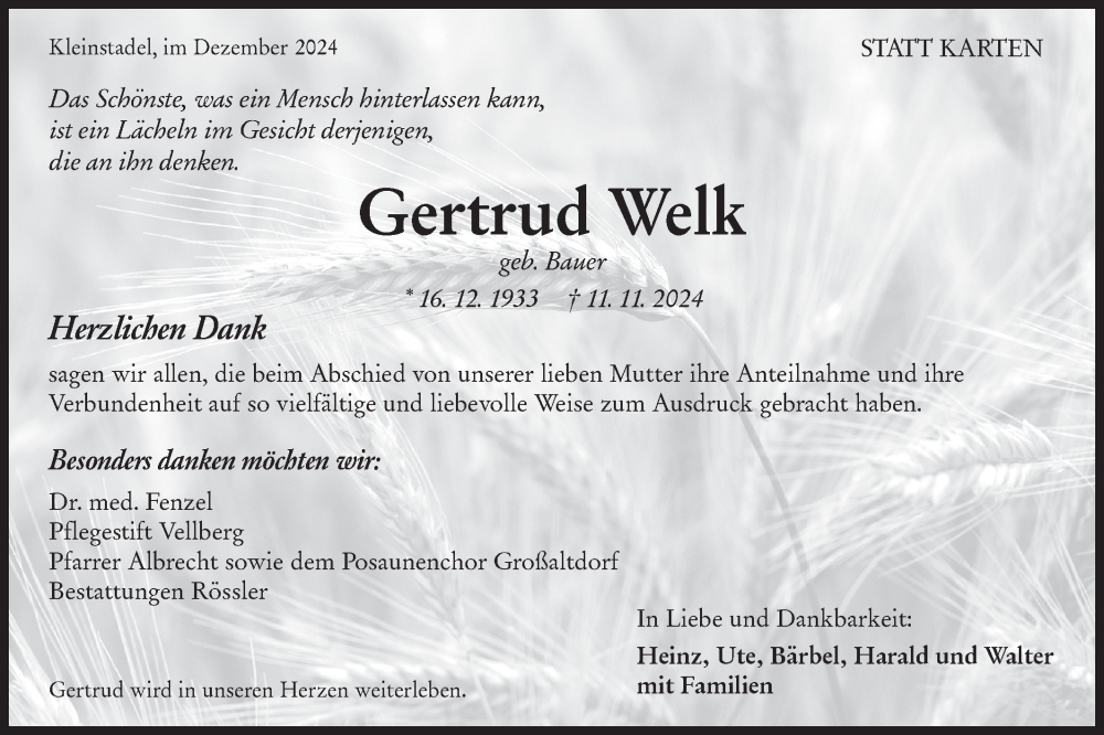  Traueranzeige für Gertrud Welk vom 24.12.2024 aus Haller Tagblatt