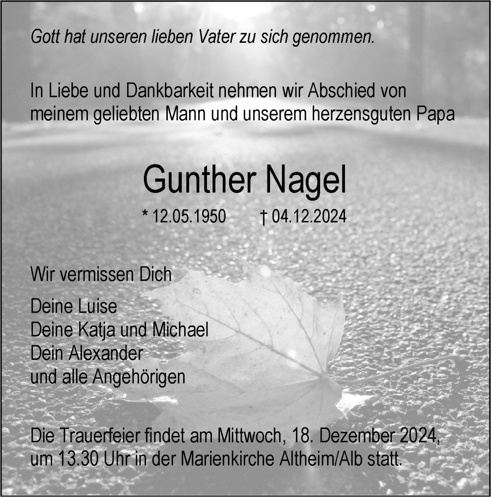  Traueranzeige für Gunther Nagel vom 14.12.2024 aus SÜDWEST PRESSE Ausgabe Ulm/Neu-Ulm