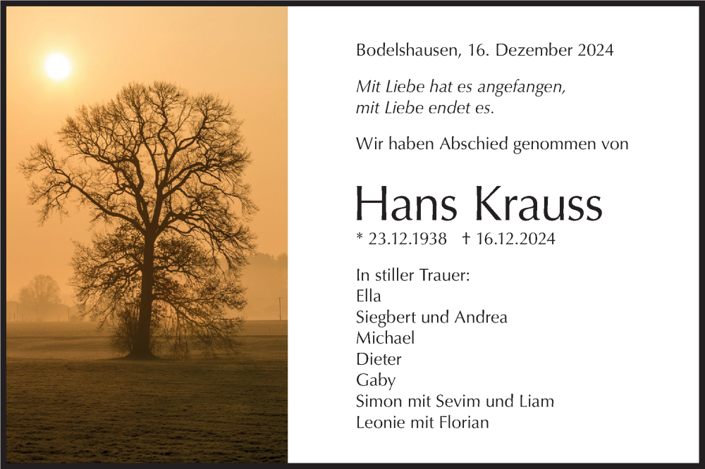  Traueranzeige für Hans Krauss vom 23.12.2024 aus Schwäbische Tagblatt