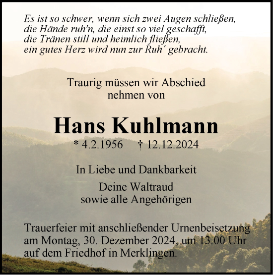 Traueranzeige von Hans Kuhlmann von Geislinger Zeitung