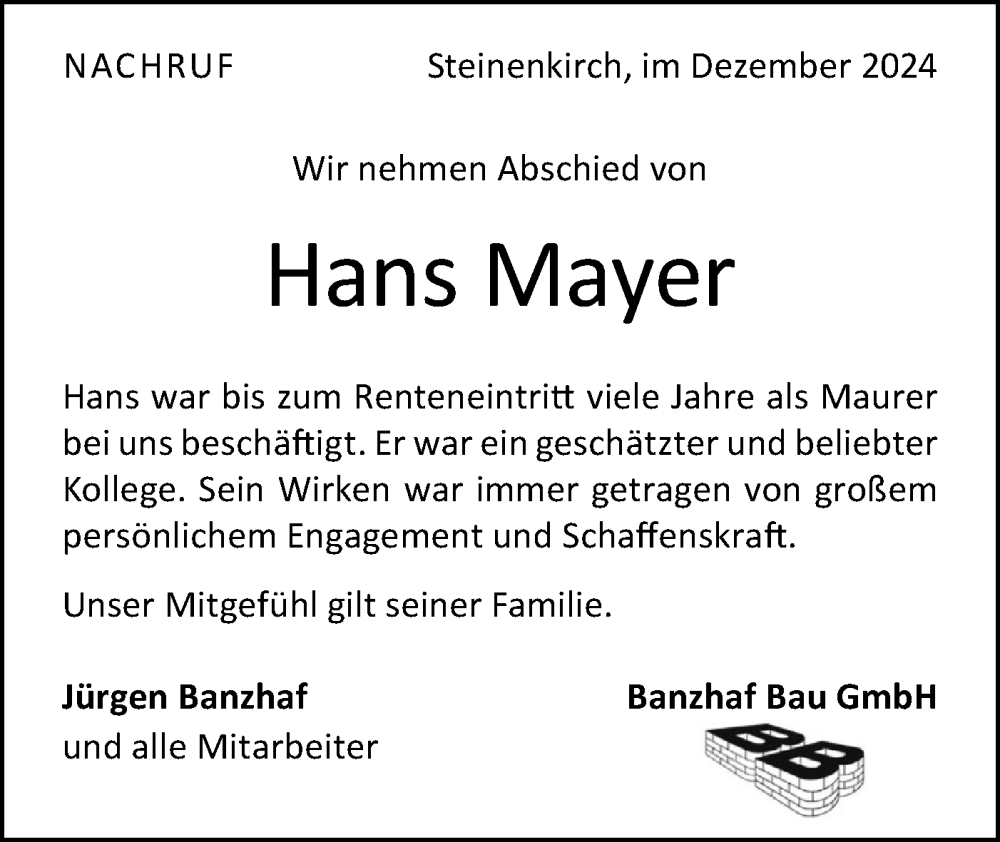  Traueranzeige für Hans Mayer vom 13.12.2024 aus Geislinger Zeitung