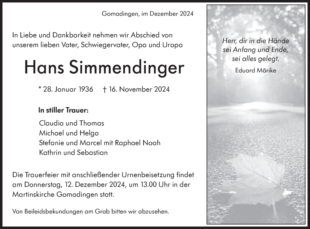 Traueranzeige für Hans Simmendinger vom 07.12.2024 aus Alb-Bote/Metzinger-Uracher Volksblatt