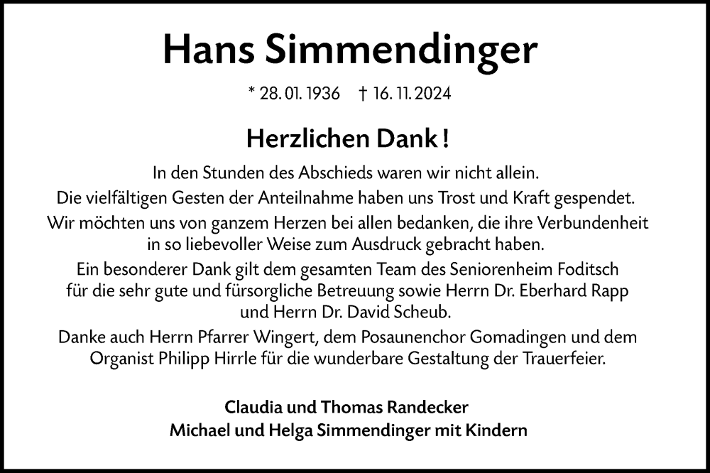  Traueranzeige für Hans Simmendinger vom 24.12.2024 aus Alb-Bote/Metzinger-Uracher Volksblatt