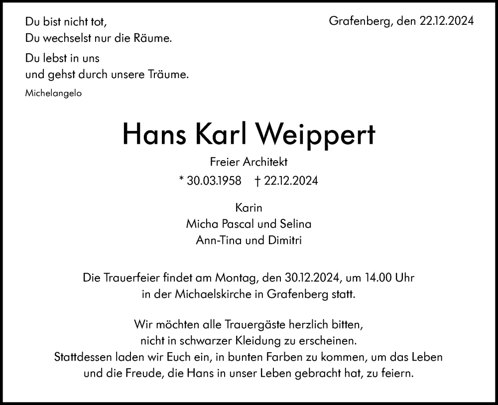  Traueranzeige für Hans Karl Weippert vom 28.12.2024 aus Alb-Bote/Metzinger-Uracher Volksblatt
