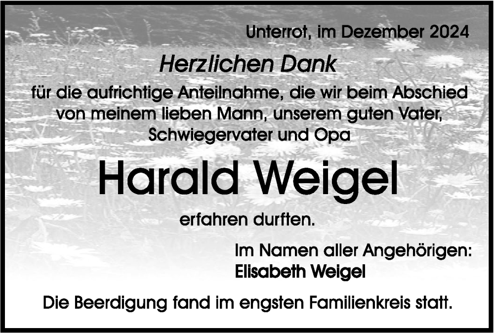  Traueranzeige für Harald Weigel vom 14.12.2024 aus Rundschau Gaildorf