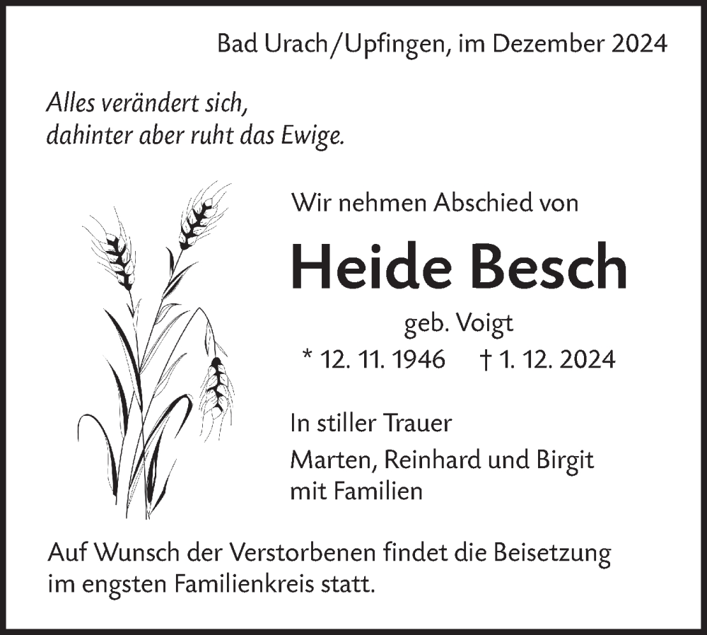  Traueranzeige für Heide Besch vom 21.12.2024 aus Alb-Bote/Metzinger-Uracher Volksblatt