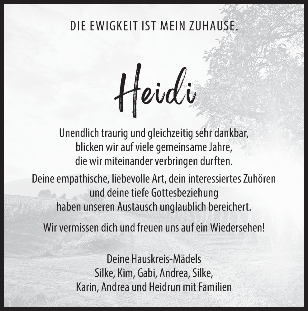  Traueranzeige für Heidi  vom 21.12.2024 aus Hohenloher Tagblatt