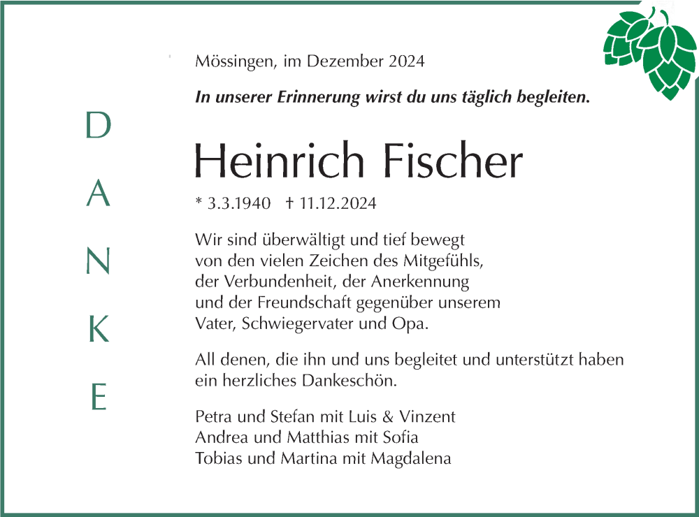  Traueranzeige für Heinrich Fischer vom 31.12.2024 aus Schwäbische Tagblatt