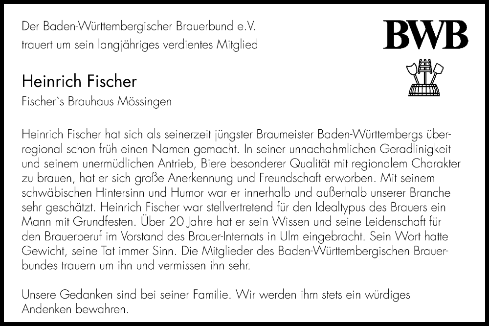 Traueranzeige für Heinrich Fischer vom 14.12.2024 aus Schwäbische Tagblatt