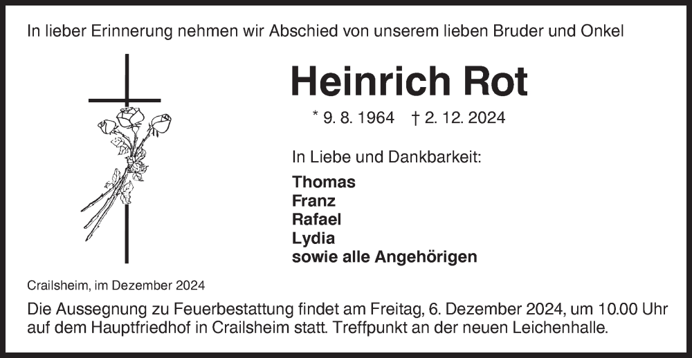  Traueranzeige für Heinrich Rot vom 04.12.2024 aus Hohenloher Tagblatt