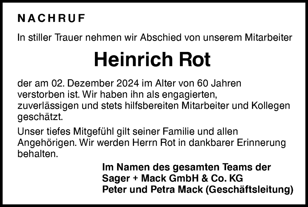  Traueranzeige für Heinrich Rot vom 17.12.2024 aus Hohenloher Tagblatt