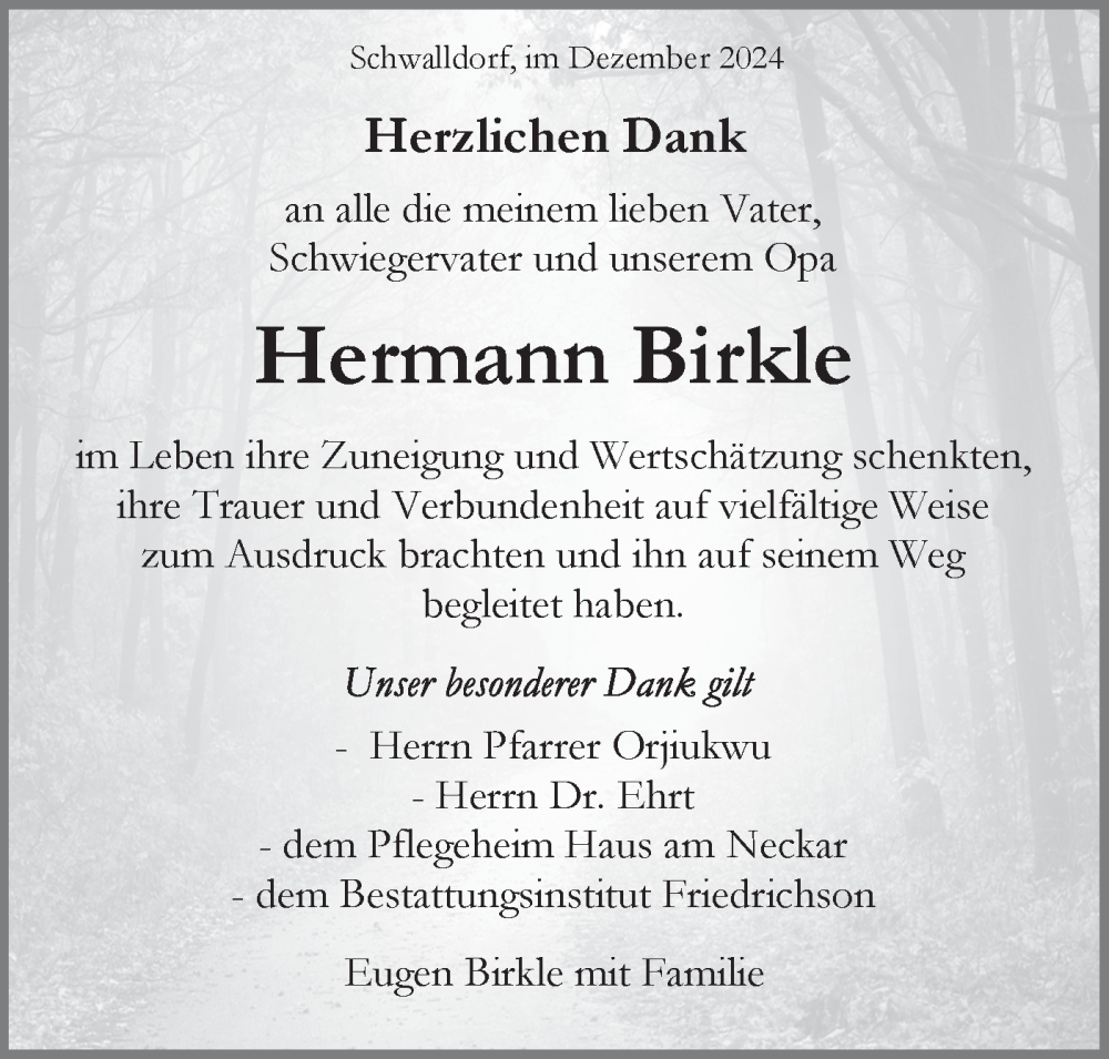  Traueranzeige für Hermann Birkle vom 17.12.2024 aus Schwäbische Tagblatt
