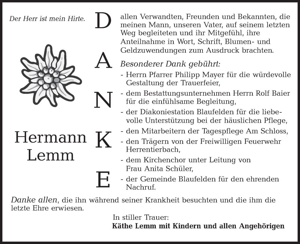  Traueranzeige für Hermann Lemm vom 17.12.2024 aus Hohenloher Tagblatt