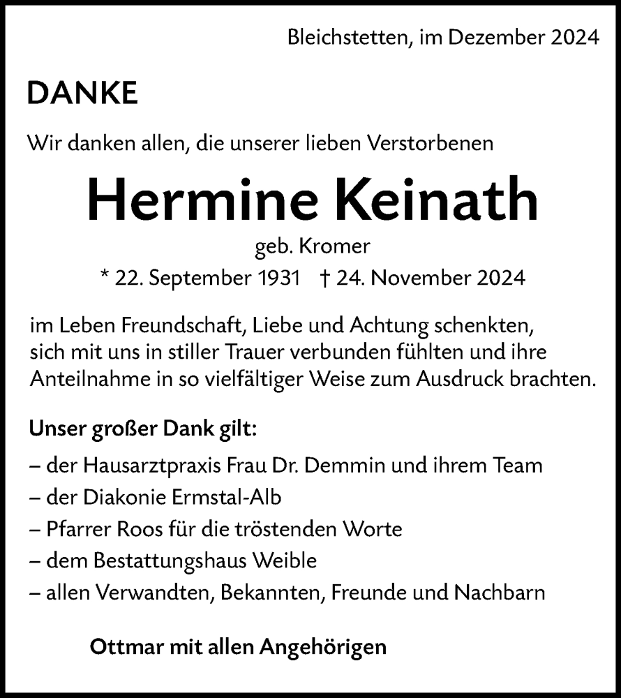  Traueranzeige für Hermine Keinath vom 28.12.2024 aus Alb-Bote/Metzinger-Uracher Volksblatt