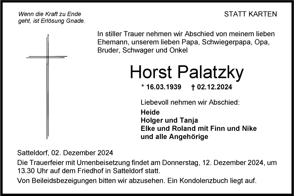  Traueranzeige für Horst Palatzky vom 09.12.2024 aus Hohenloher Tagblatt
