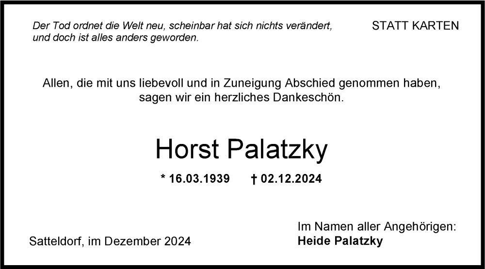  Traueranzeige für Horst Palatzky vom 20.12.2024 aus Hohenloher Tagblatt