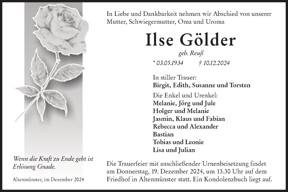  Traueranzeige für Ilse Gölder vom 16.12.2024 aus Hohenloher Tagblatt
