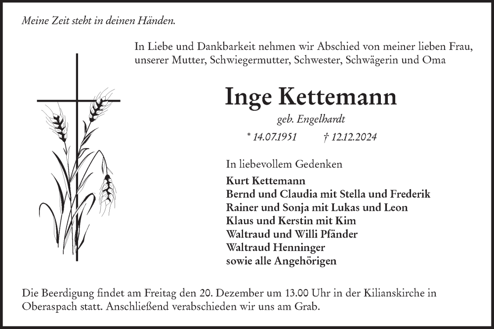  Traueranzeige für Inge Kettemann vom 18.12.2024 aus Hohenloher Tagblatt/Haller Tagblatt