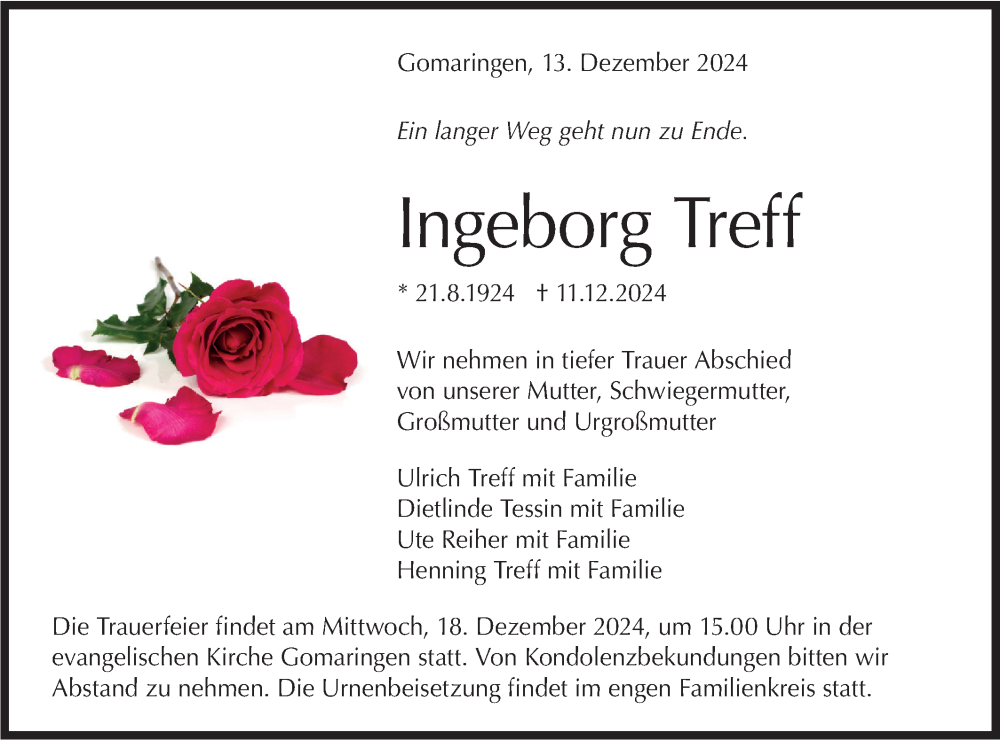  Traueranzeige für Ingeborg Treff vom 16.12.2024 aus Schwäbische Tagblatt