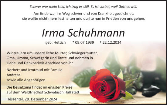 Traueranzeige von Irma Schuhmann von Haller Tagblatt
