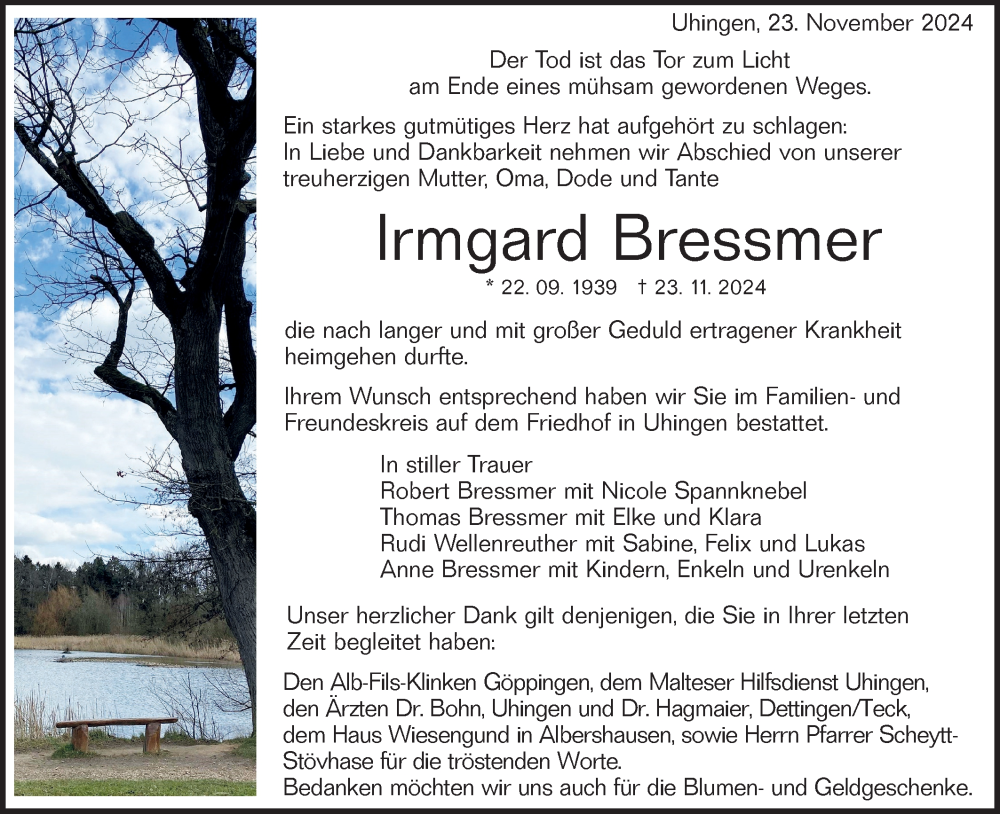  Traueranzeige für Irmgard Bressmer vom 14.12.2024 aus NWZ Neue Württembergische Zeitung