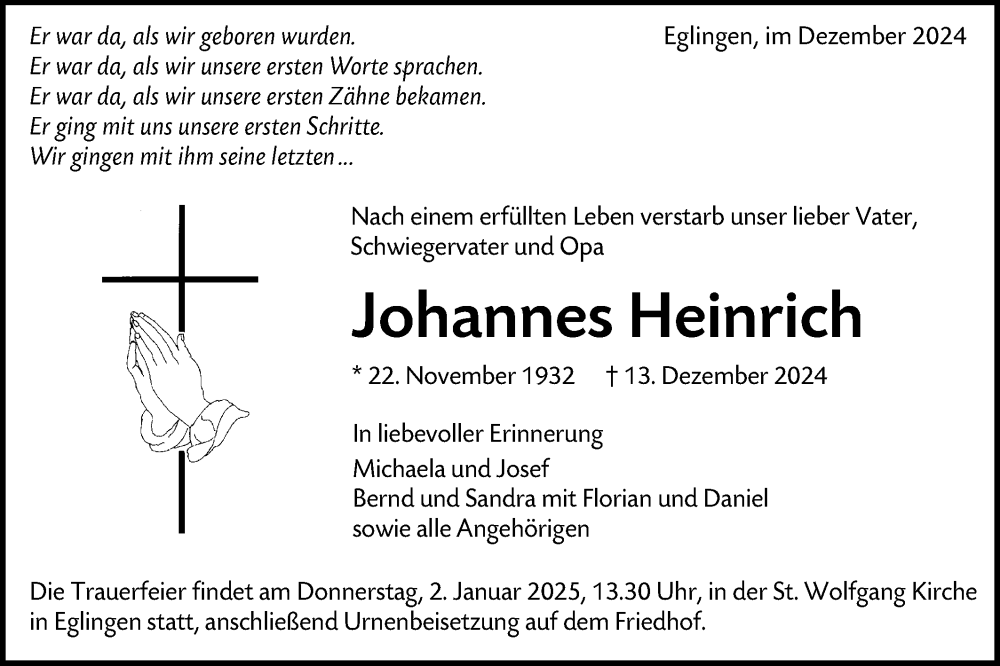  Traueranzeige für Johannes Heinrich vom 21.12.2024 aus Alb-Bote/Metzinger-Uracher Volksblatt