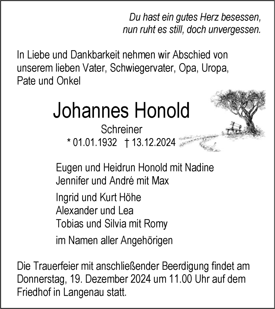 Traueranzeige für Johannes Honold vom 17.12.2024 aus SÜDWEST PRESSE Ausgabe Ulm/Neu-Ulm