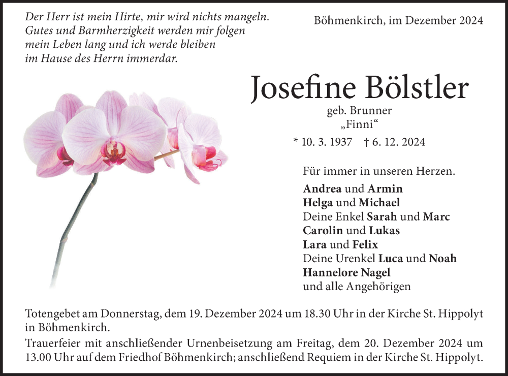 Traueranzeige für Josefine Bölstler vom 14.12.2024 aus Geislinger Zeitung