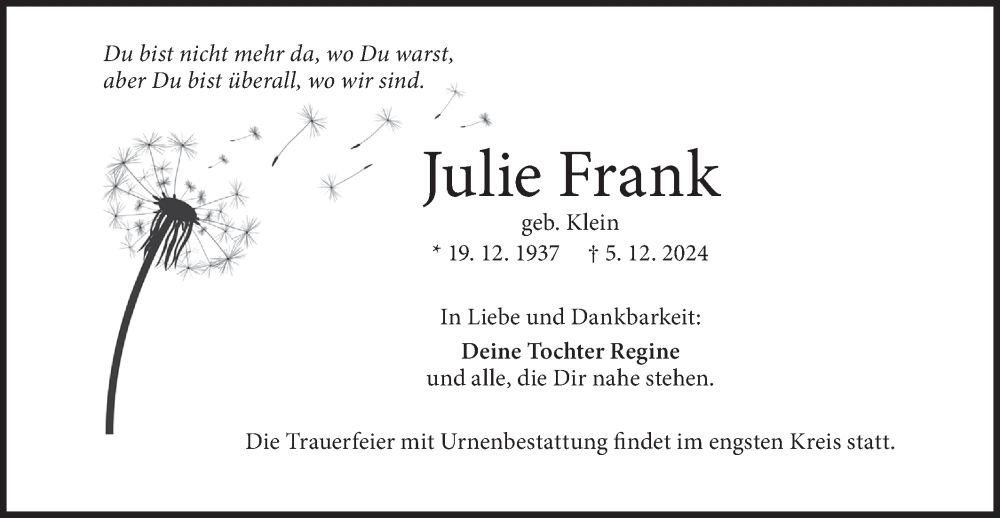  Traueranzeige für Julie Frank vom 14.12.2024 aus Geislinger Zeitung