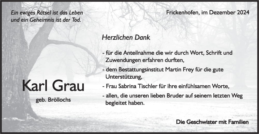  Traueranzeige für Karl Grau vom 14.12.2024 aus Rundschau Gaildorf