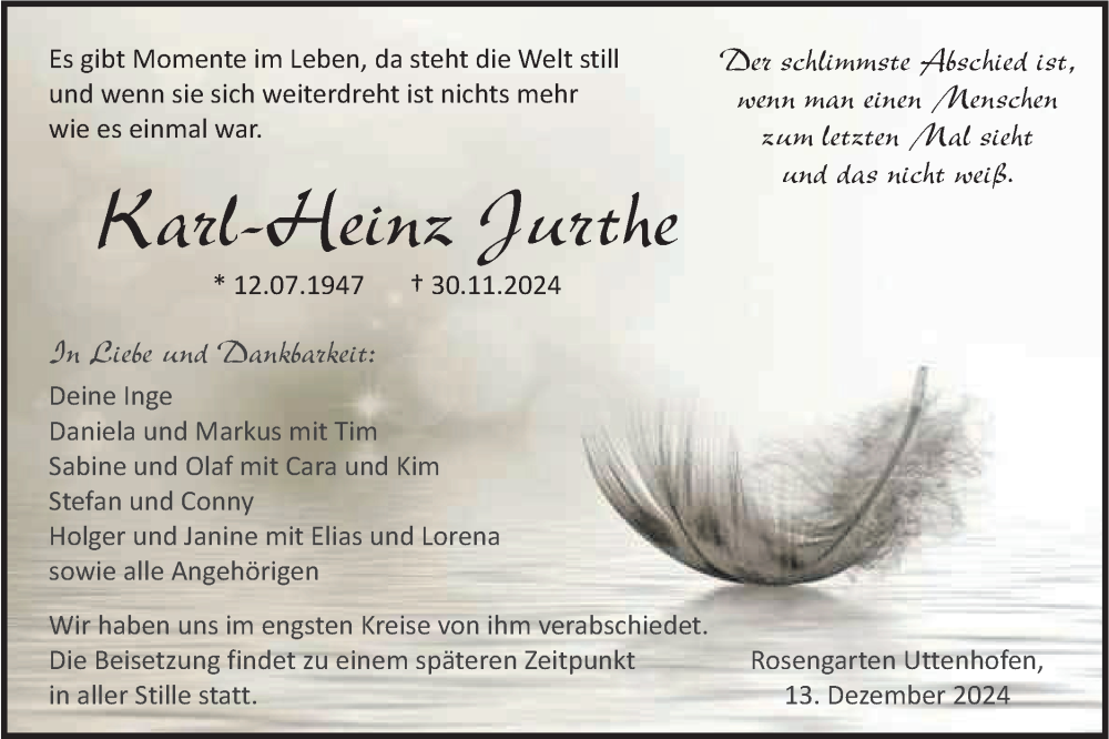  Traueranzeige für Karl-Heinz Jurthe vom 13.12.2024 aus Haller Tagblatt