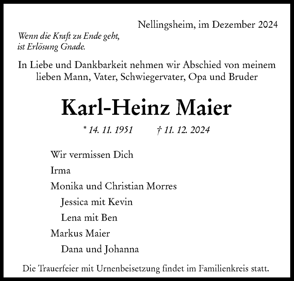  Traueranzeige für Karl-Heinz Maier vom 23.12.2024 aus Schwäbische Tagblatt
