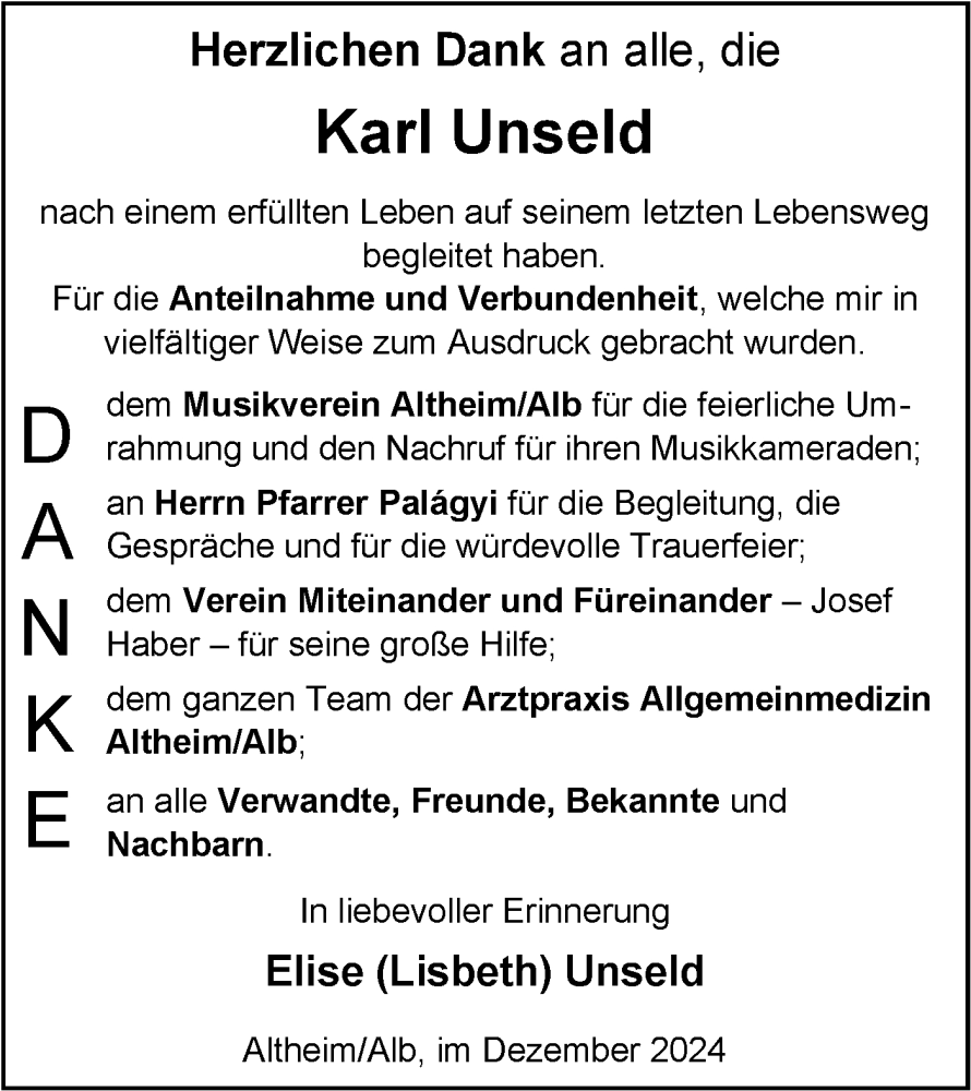  Traueranzeige für Karl Unseld vom 24.12.2024 aus SÜDWEST PRESSE Ausgabe Ulm/Neu-Ulm