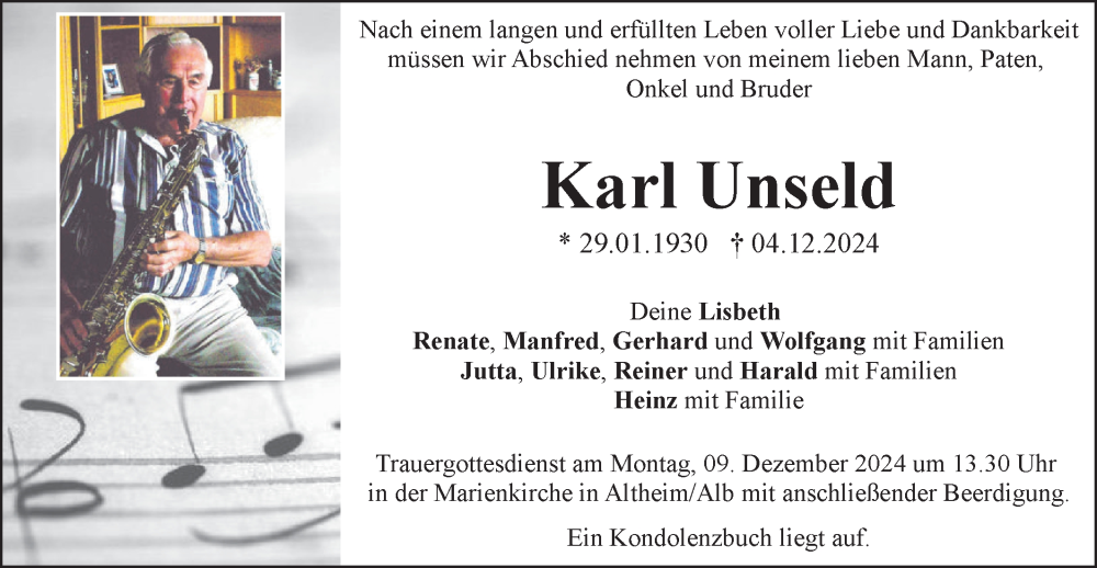  Traueranzeige für Karl Unseld vom 07.12.2024 aus SÜDWEST PRESSE Ausgabe Ulm/Neu-Ulm
