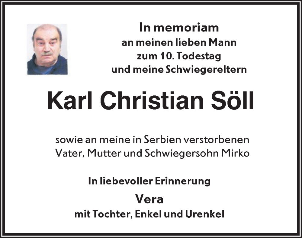  Traueranzeige für Karl Christian Söll vom 20.12.2024 aus Das Blaumännle