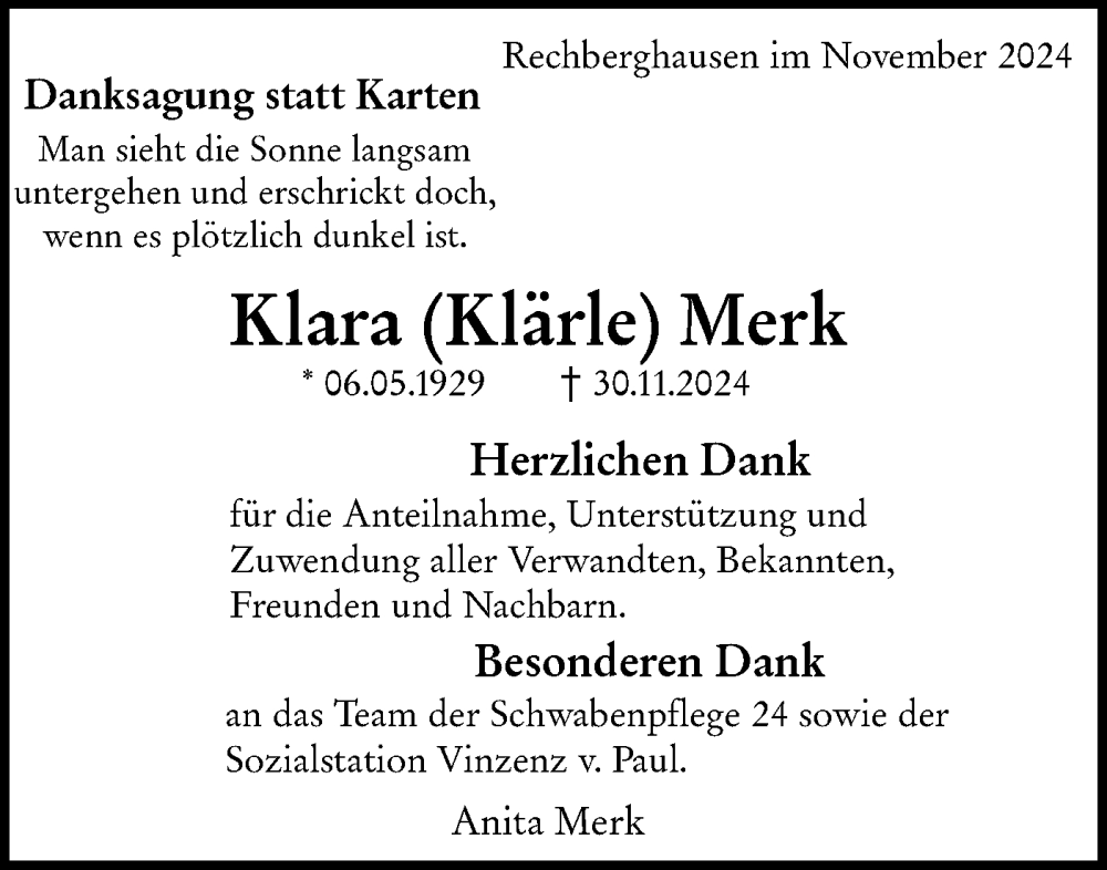  Traueranzeige für Klara Merk vom 24.12.2024 aus NWZ Neue Württembergische Zeitung